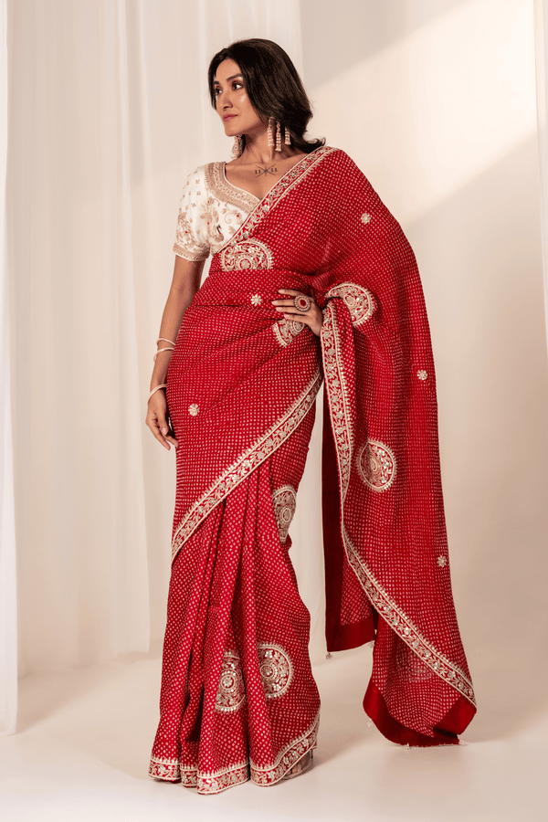 Maroon Dot Bandhani Saree with Off-White Gotapatti Blouse