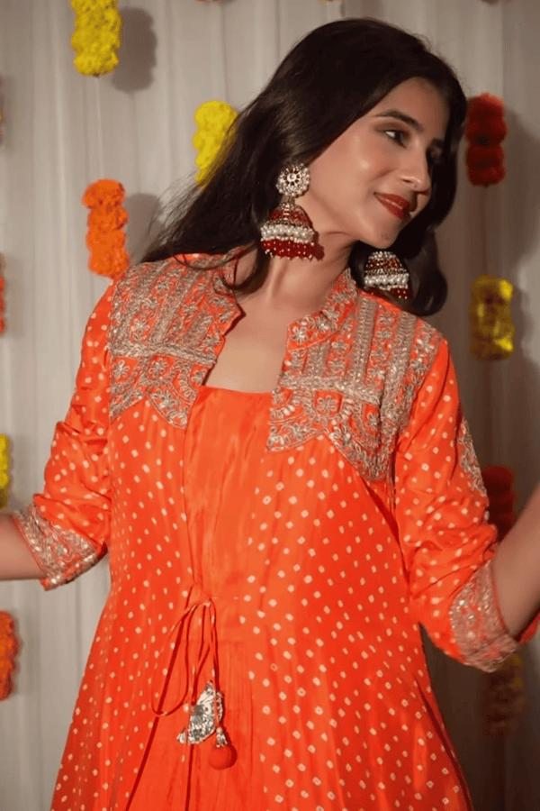 Orange Crush Anarkali With Gotapatti Dot Bandhani Jacket