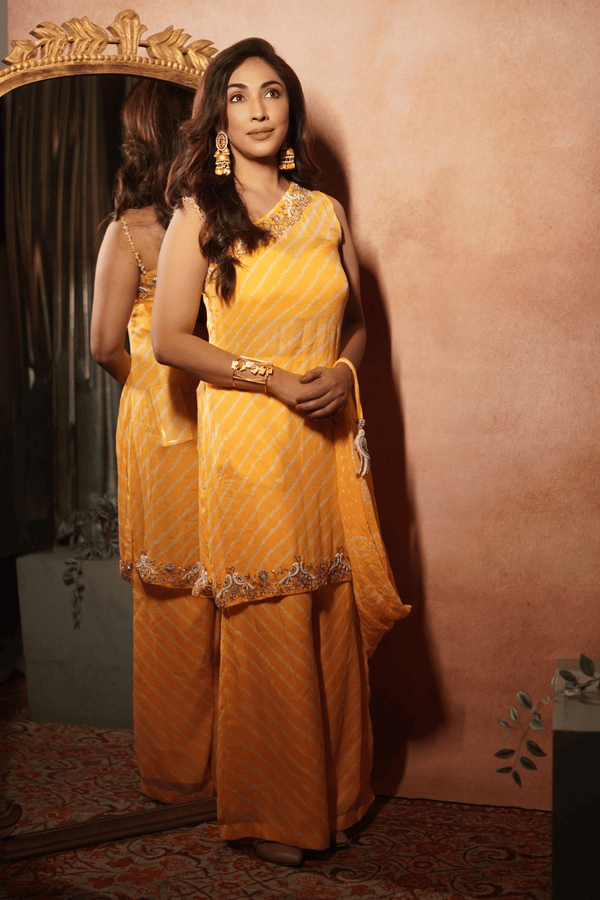 Yellow Short Bandhani Kurta With Cami And Sharara