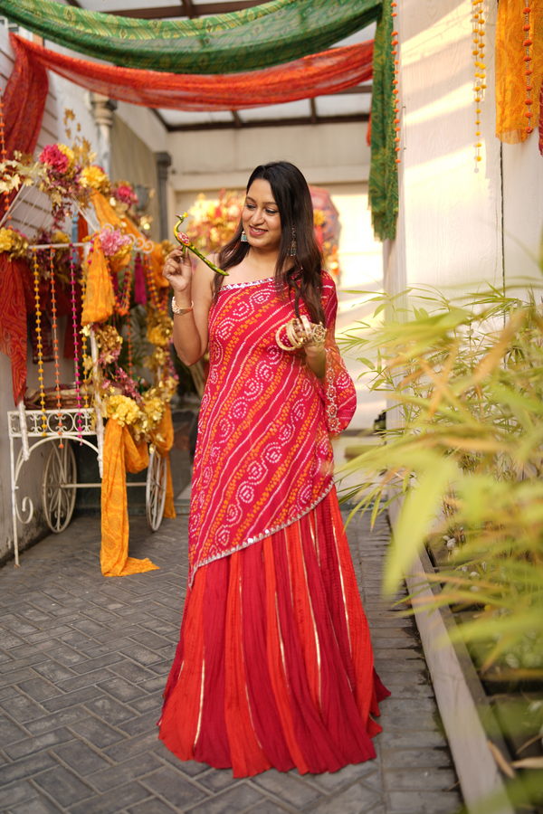 Red Highlow Bandhani Kurta Paired With Crush Skirt