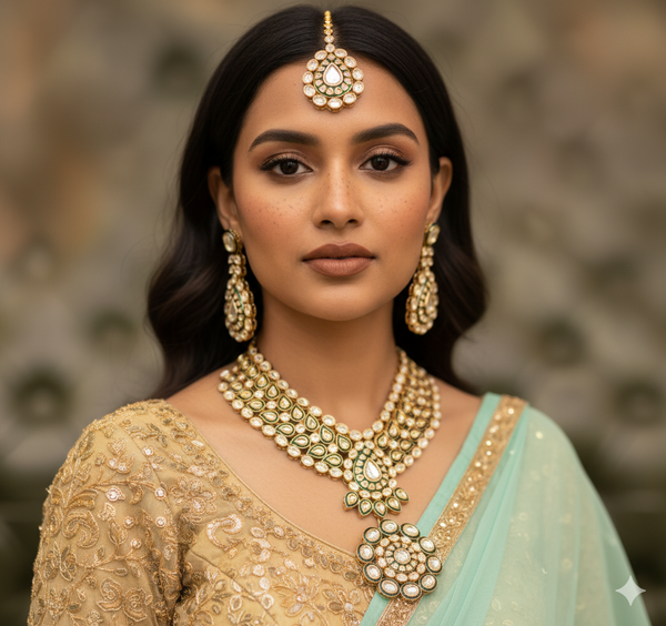 Antique Gold Jadau Polki Choker Set with Green Accents