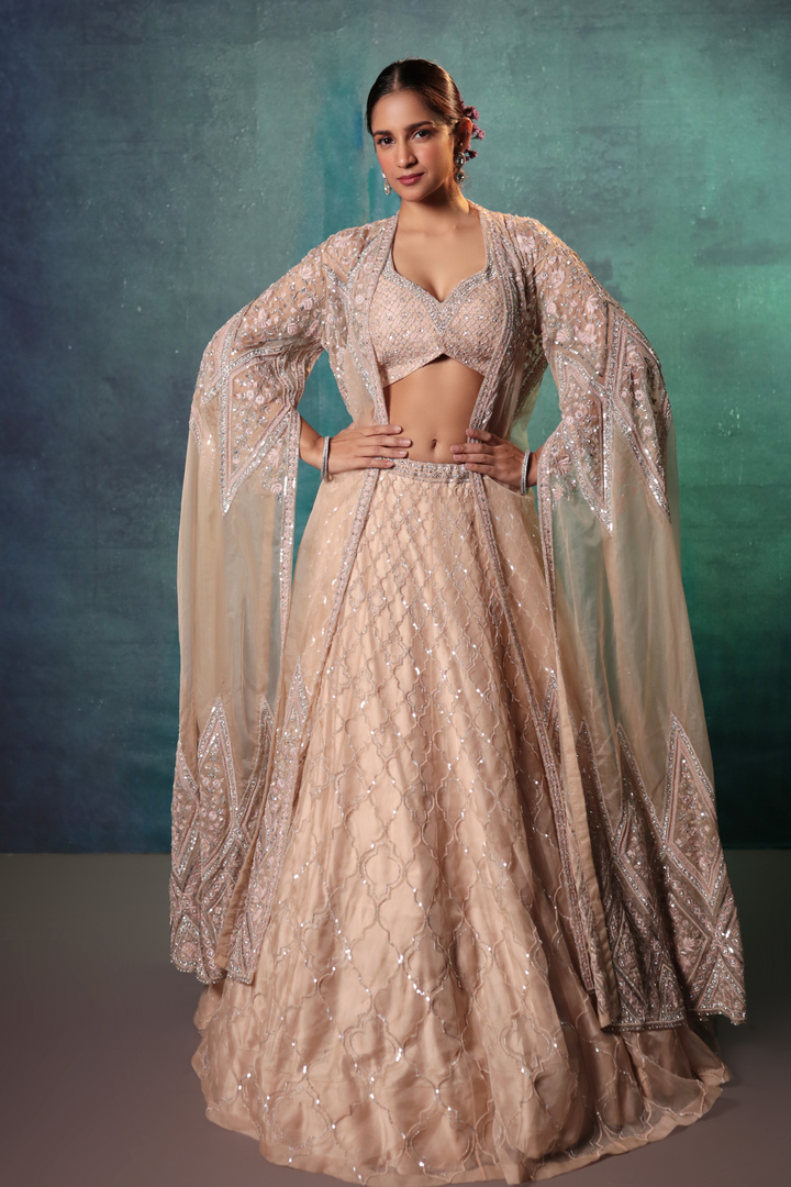 Beige Jacket Lehenga Set - Bandhani