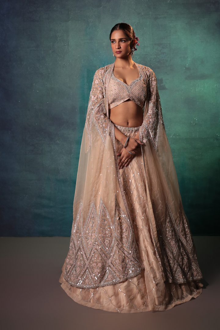 Beige Jacket Lehenga Set - Bandhani