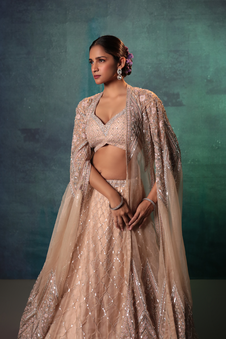 Beige Jacket Lehenga Set - Bandhani