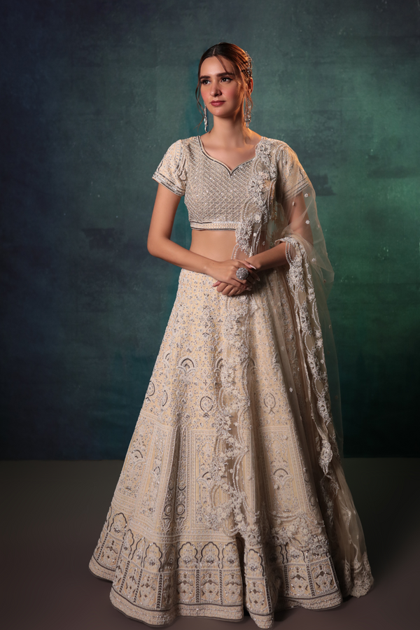 Beige Temple Work Pearl Lehenga Set - Bandhani