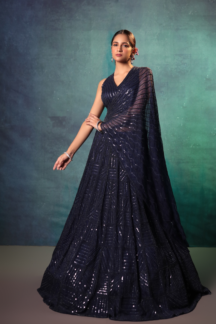 Blue Box Lehenga Set - Bandhani