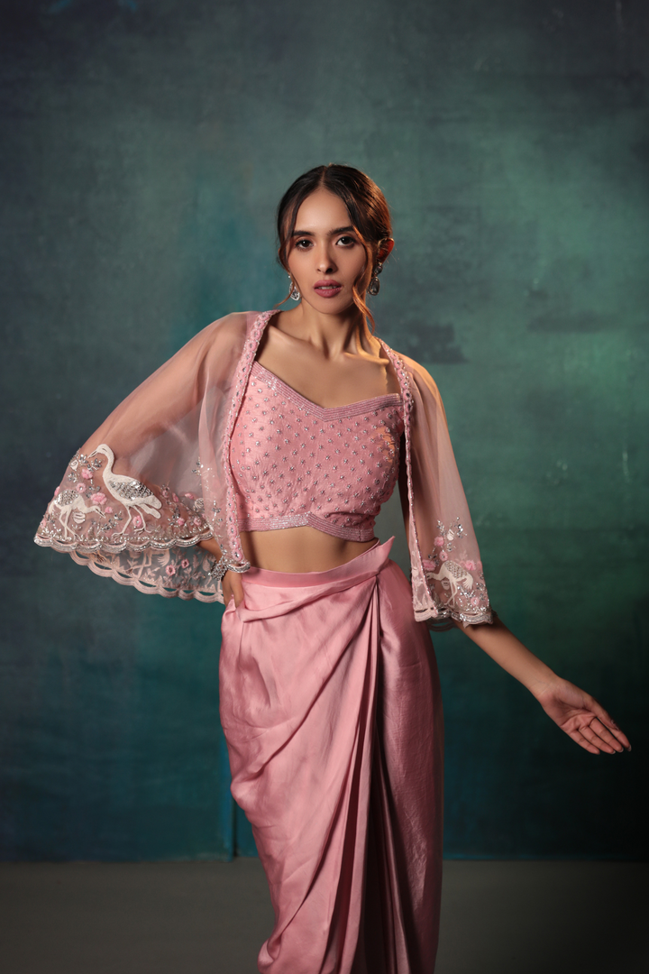Blush Pink Drape Skirt, Cami & Short Cape - Bandhani