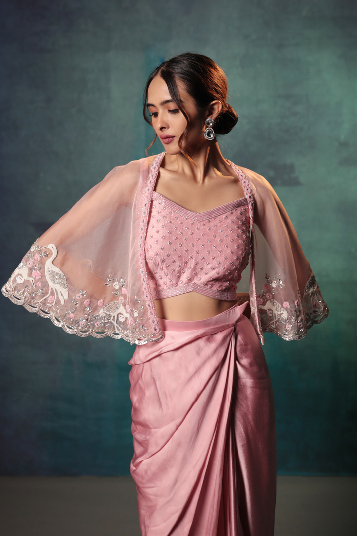 Blush Pink Drape Skirt, Cami & Short Cape - Bandhani