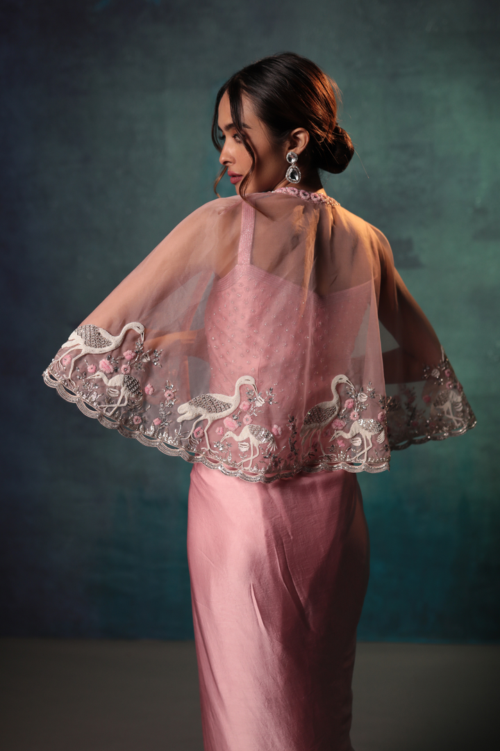 Blush Pink Drape Skirt, Cami & Short Cape - Bandhani
