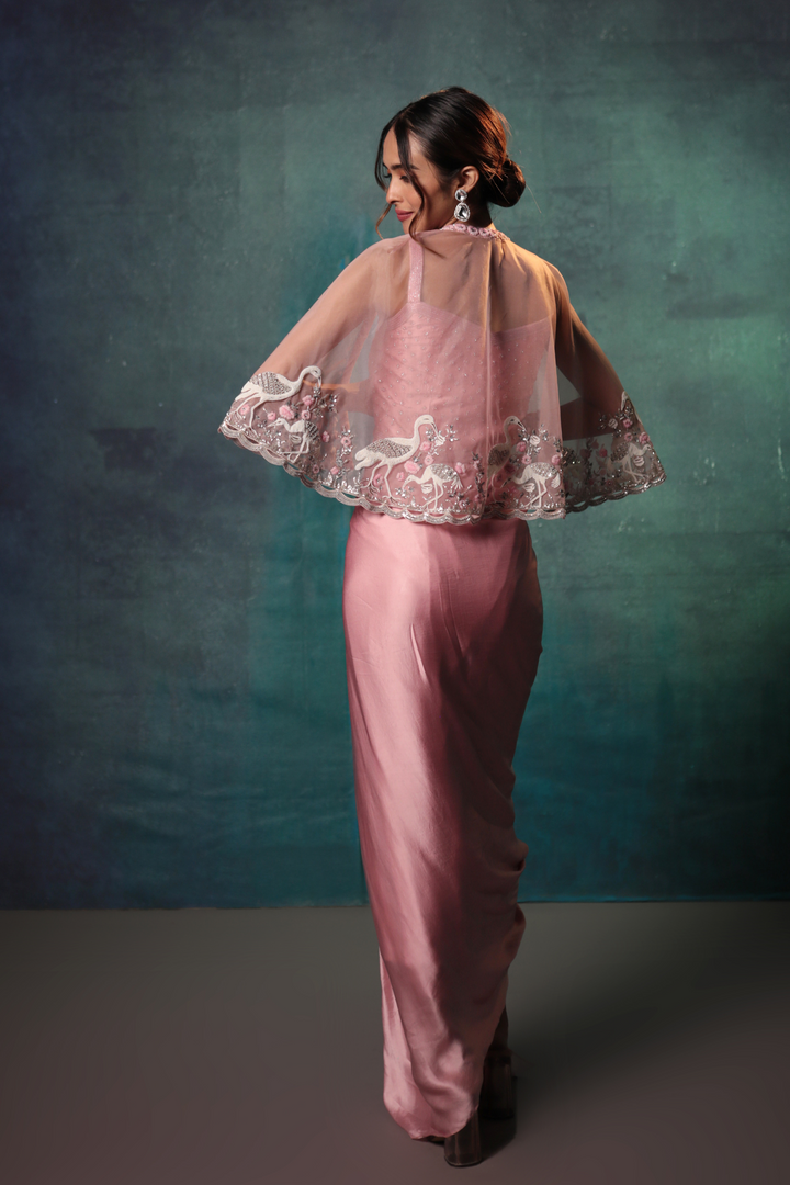 Blush Pink Drape Skirt, Cami & Short Cape - Bandhani
