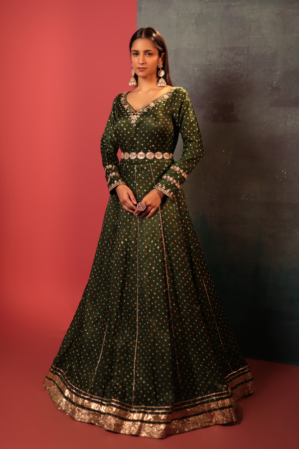 Bottle Green Gotapatti Anarkali Set - Bandhani