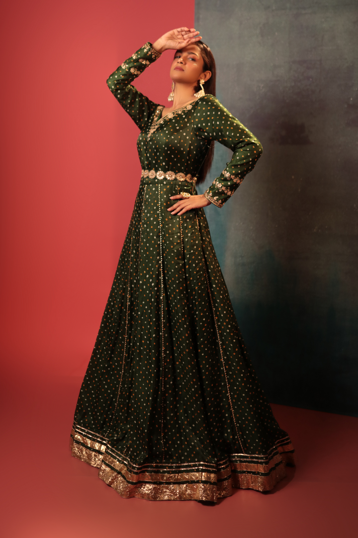 Bottle Green Gotapatti Anarkali Set - Bandhani