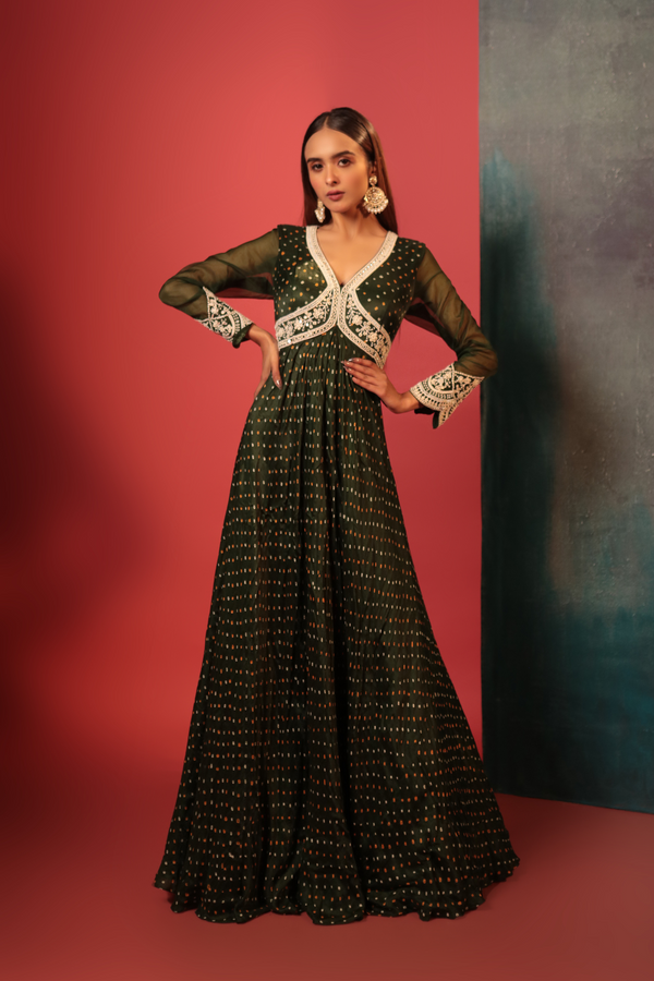 Bottle Green Pearl Work Anarkali - Bandhani