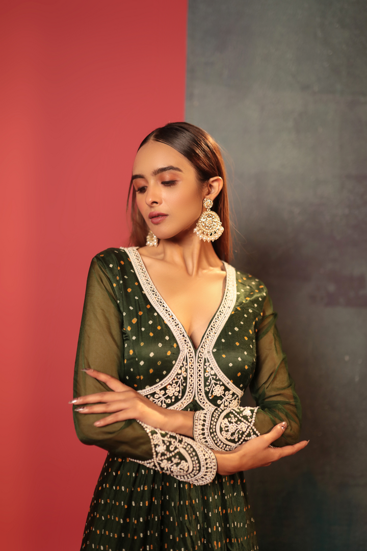 Bottle Green Pearl Work Anarkali - Bandhani