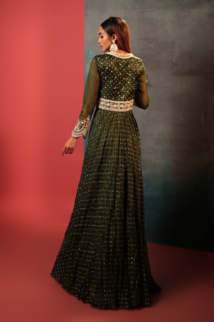 Bottle Green Pearl Work Anarkali - Bandhani