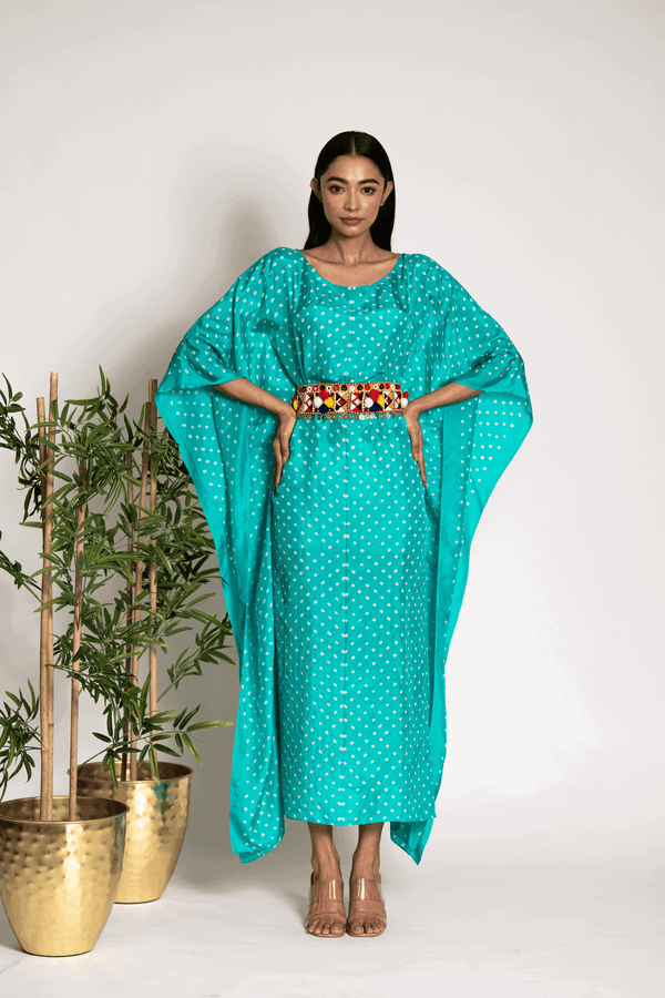Breezy Sea Green Bandhani Kaftaan With Anchor And Mirrorwork Belt - Bandhani