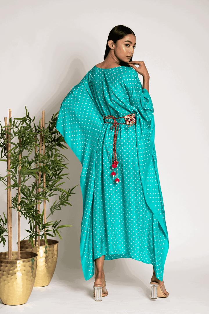 Breezy Sea Green Bandhani Kaftaan With Anchor And Mirrorwork Belt - Bandhani