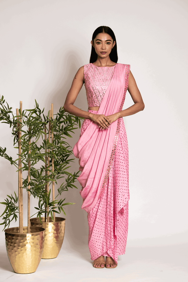 Candy Pink Bandhani Drape Skirt Paired With Mirror Blouse And Cape - Bandhani