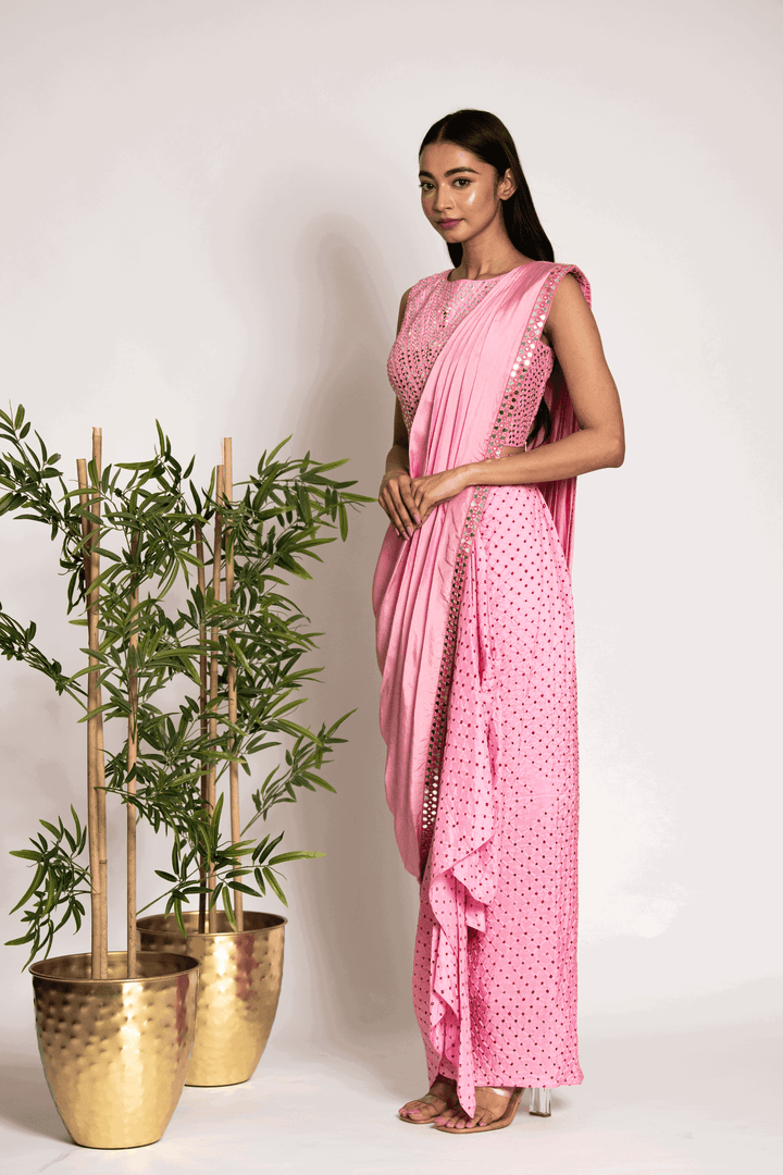 Candy Pink Bandhani Drape Skirt Paired With Mirror Blouse And Cape - Bandhani