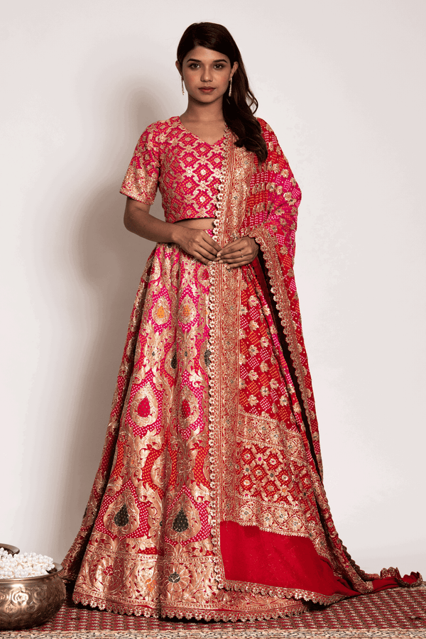 Coral Meenakari And Bandhani Lehenga Set - Bandhani