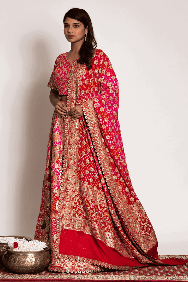 Coral Meenakari And Bandhani Lehenga Set - Bandhani