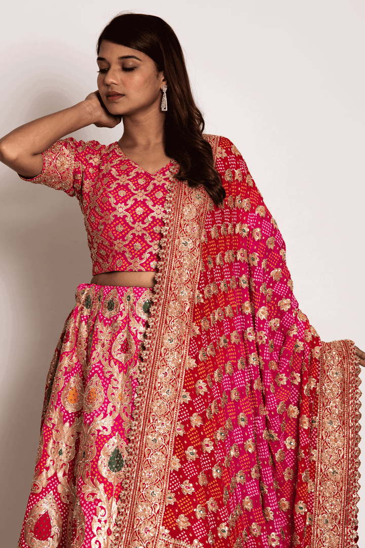 Coral Meenakari And Bandhani Lehenga Set - Bandhani