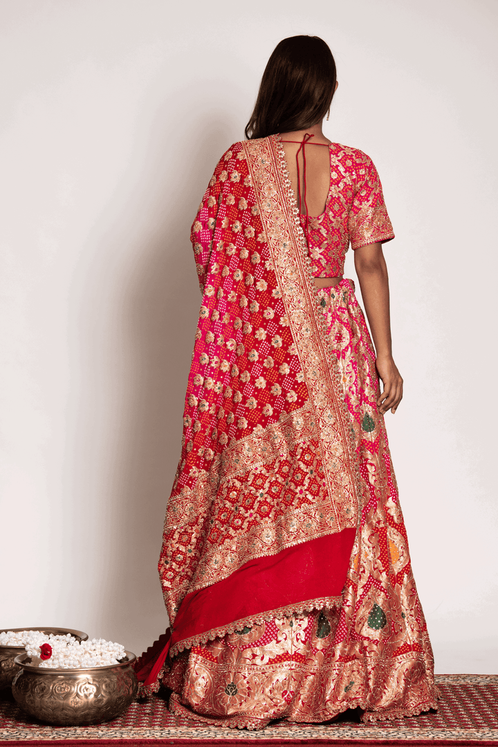 Coral Meenakari And Bandhani Lehenga Set - Bandhani