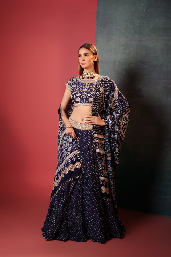 Dark Blue Dot Bandhani Lehenga Set - Bandhani