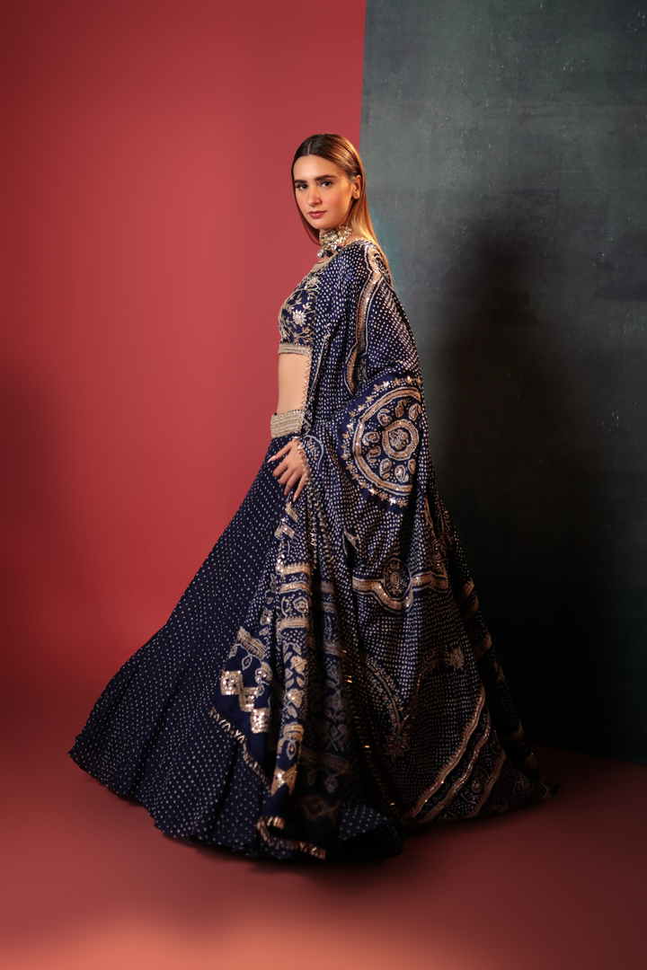 Dark Blue Dot Bandhani Lehenga Set - Bandhani