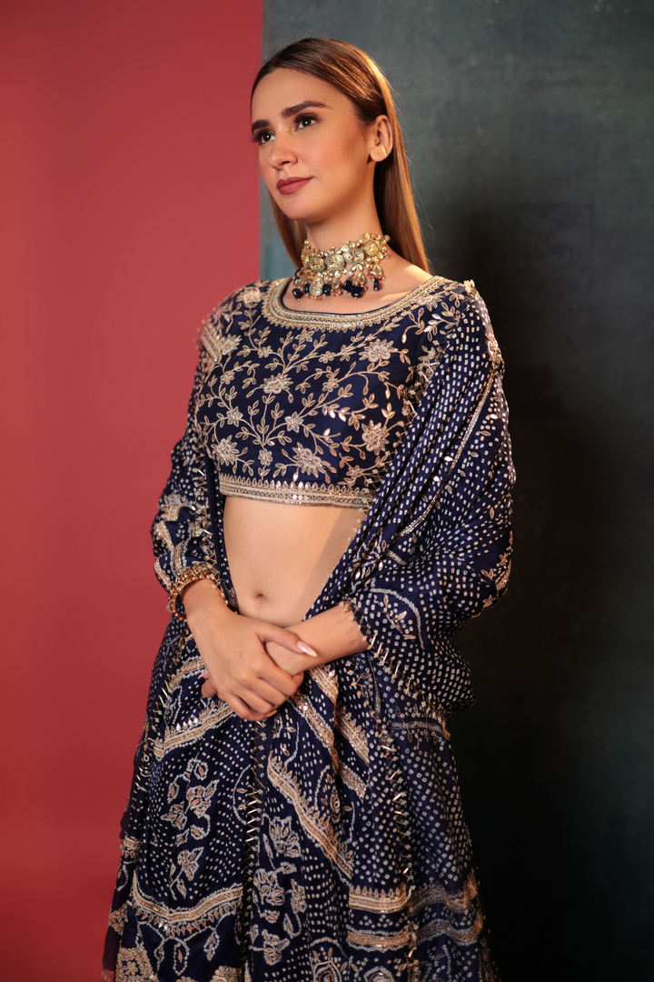 Dark Blue Dot Bandhani Lehenga Set - Bandhani