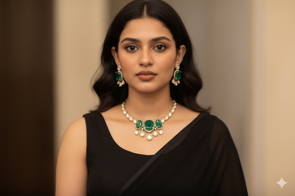 Emerald Green Choker Necklace Set with Diamond Accents