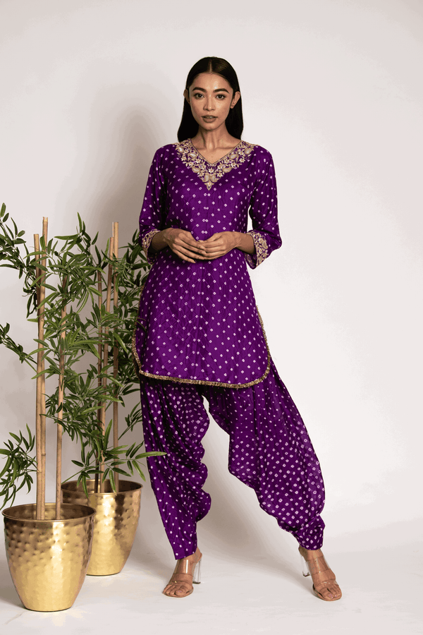 Festive Purple Bandhani Kurta And Patiala - Bandhani