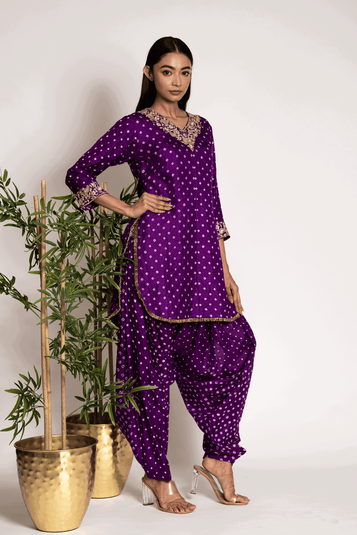 Festive Purple Bandhani Kurta And Patiala - Bandhani