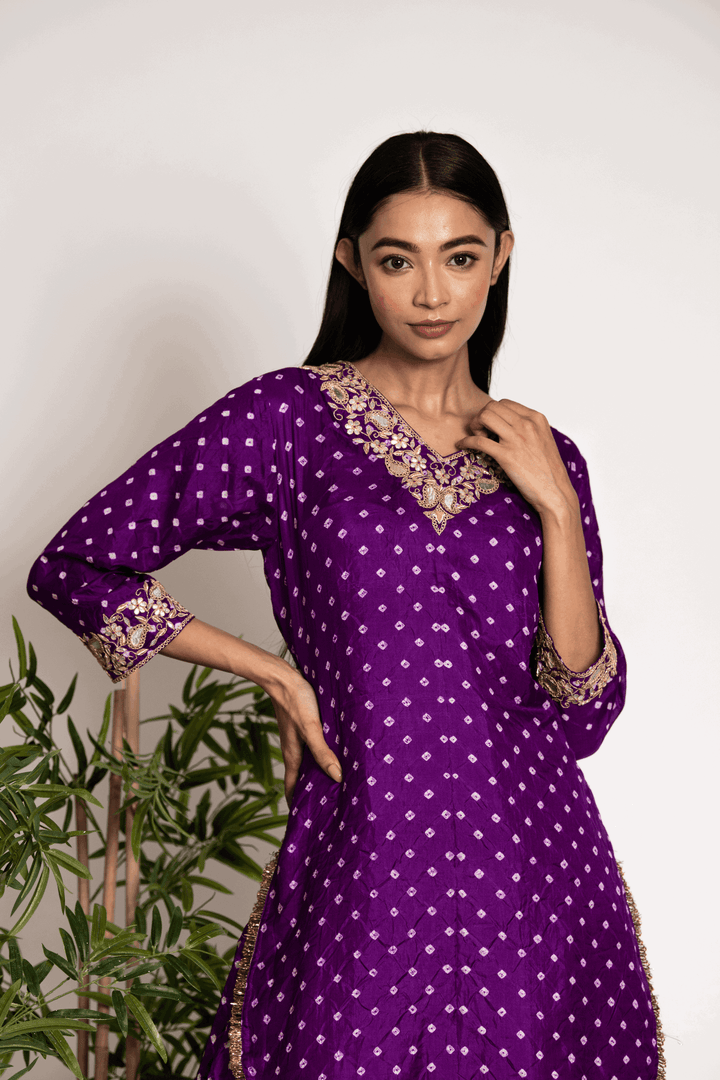 Festive Purple Bandhani Kurta And Patiala - Bandhani