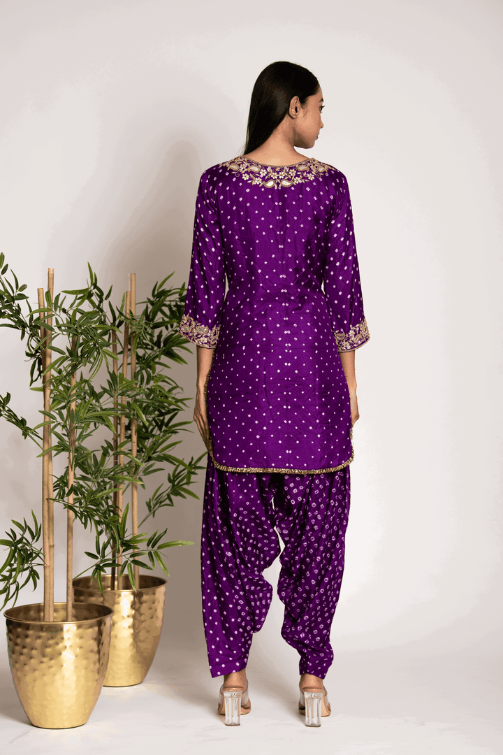 Festive Purple Bandhani Kurta And Patiala - Bandhani