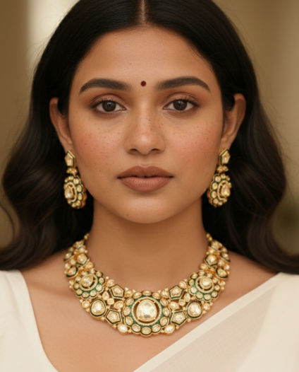 Gold Plated Kundan Necklace Set with Green Stones