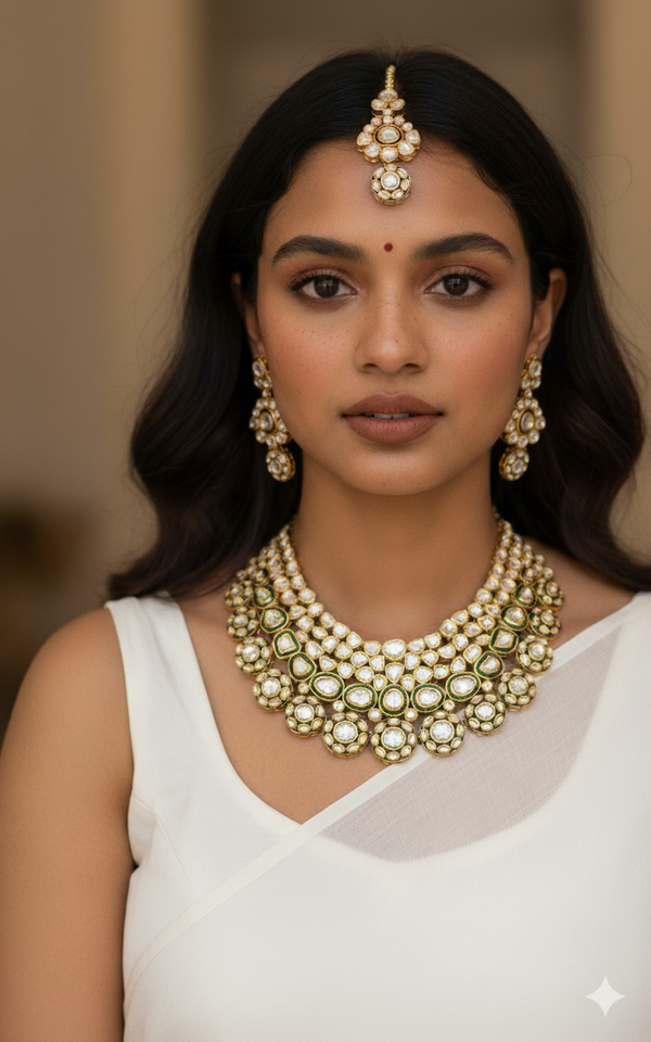 Gold Green Enamel Necklace Set with Maangtika