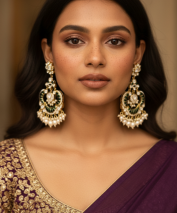 Gold Chandbali Earrings with Forest Green Enamel & Polki
