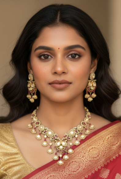 Gold Choker Necklace Set with Uncut Diamonds & Rubies