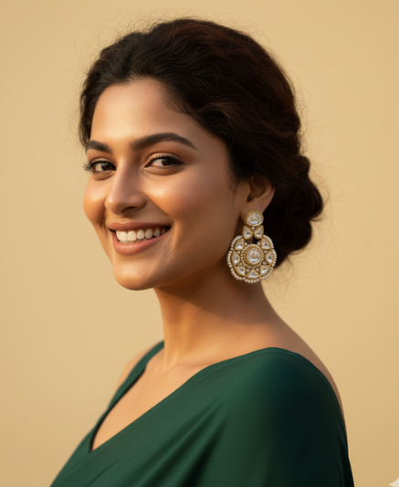 Gold Circular Earrings with Pearls & Uncut Diamond