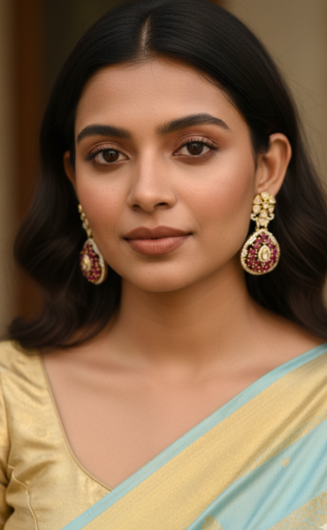 Gold Drop Earrings with Ruby & Diamond Flower Stud