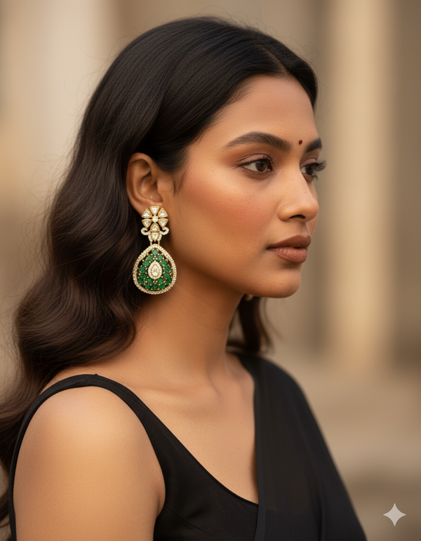 Gold Emerald Green Teardrop Statement Earrings