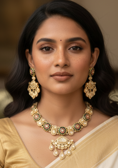 Gold Enamel Polki Necklace Set with Droplet Earrings