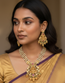 Gold Goddess Lakshmi Necklace Set with Red & Green Beads