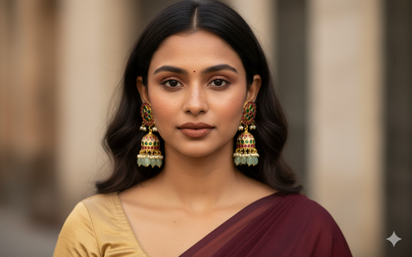 Gold Jhumka with Ruby & Emerald Stones