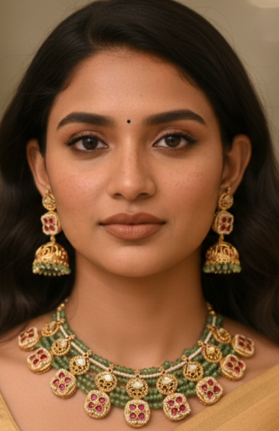 Gold Kundan Beaded Choker Set with Emerald & Ruby Stones