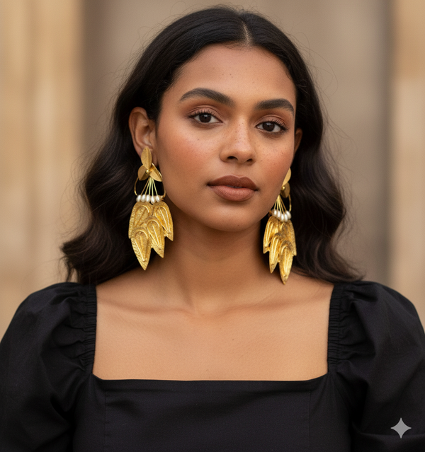 Gold Leaf Drop Earrings with Pearl Cluster Accents