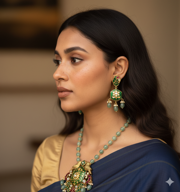 Gold Meenakari Bird Pendant Necklace with Emerald Beads