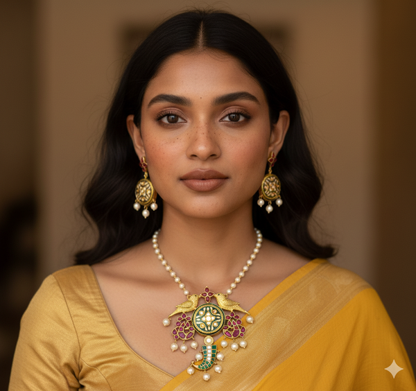 Gold Meenakari Long Necklace Set with Bird Motifs & Pearls