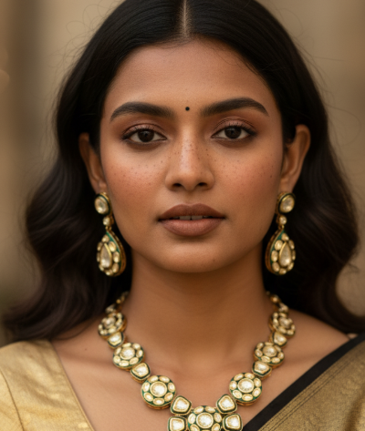 Gold Necklace Set with Green Enamel & Uncut Diamonds